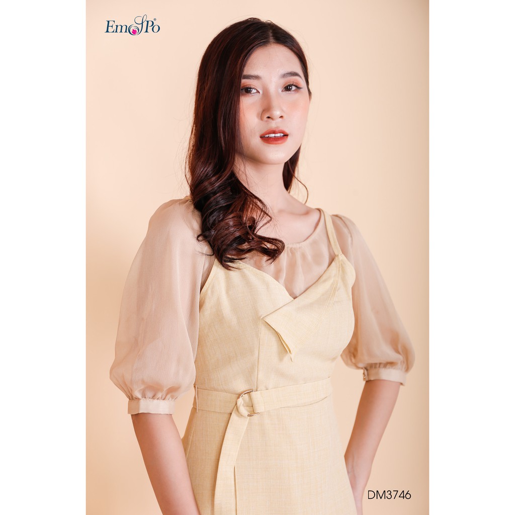 Đầm 2 dây ôm dáng A hai lớp, phối áo trong tay lỡ cổ nhún Emspo DM3746 (Hồng, Vàng)