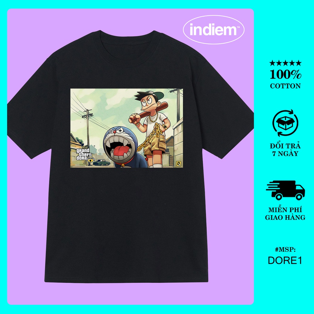 Áo thun tay lỡ in hình doremon INDIEM shop dore1, Áo thun unisex nam nữ form rộng oversize chất liệu Cotton