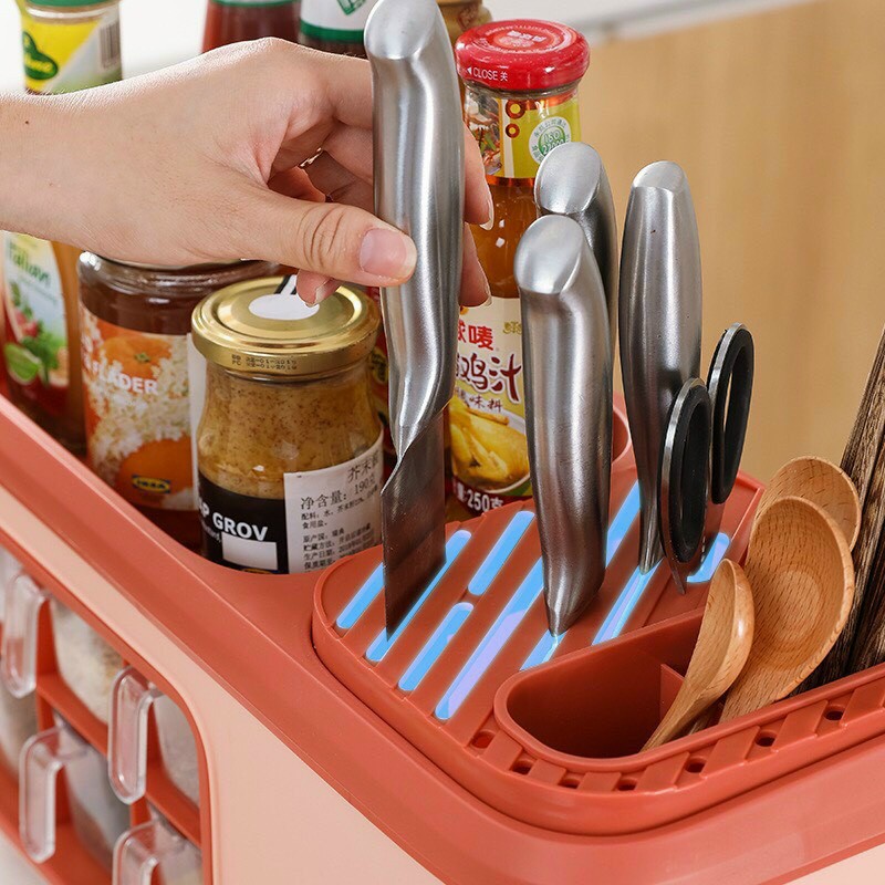 Kệ Gia Vị Nhà Bếp Kèm Giá Dao, đũa, Thìa, Chất Liệu Nhựa Cao Cấp Có 6 Ngăn đựng Gia Vị