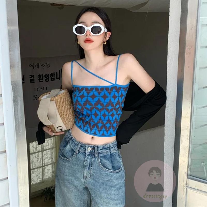 Áo Hai Dây Dệt Kim Họa Tiết Hình Học Màu Tương Phản Cho Nữ