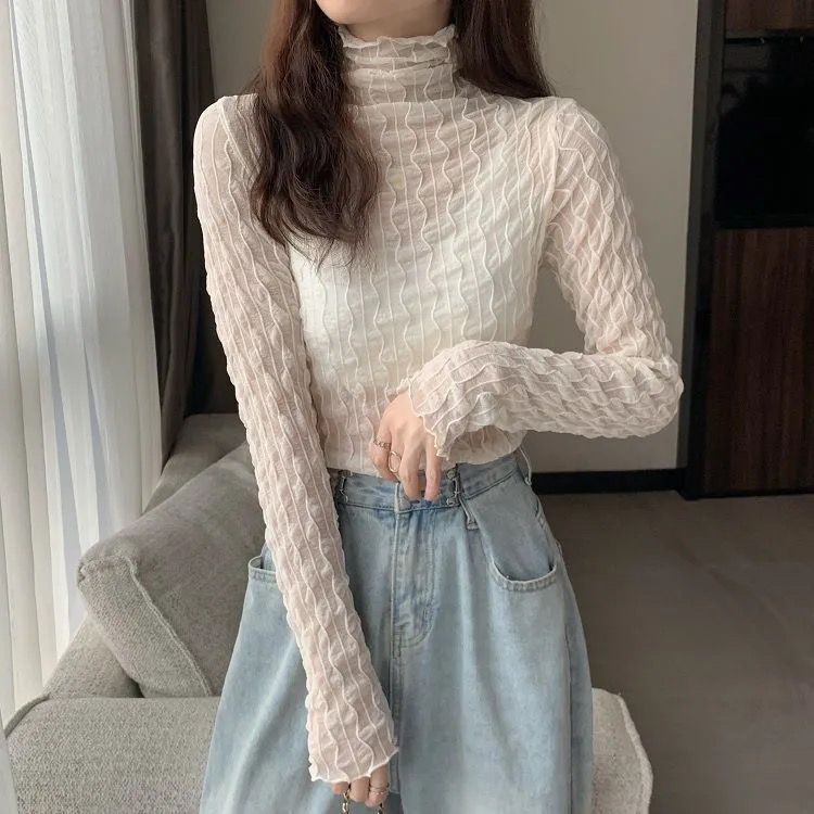 Áo Kiểu Dài Tay Phối Ren Lưới Thiết Kế Mới Xinh Xắn Thời Trang