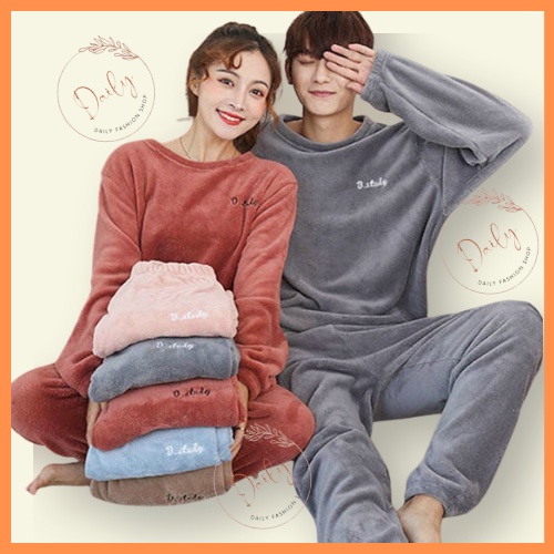 Set Đồ Bộ Lót Lông Cừu Dài Tay Dày Dặn Thêu Chữ Mặc Ở Nhà Mùa Đông Siêu Ám Áp Thoải Mái