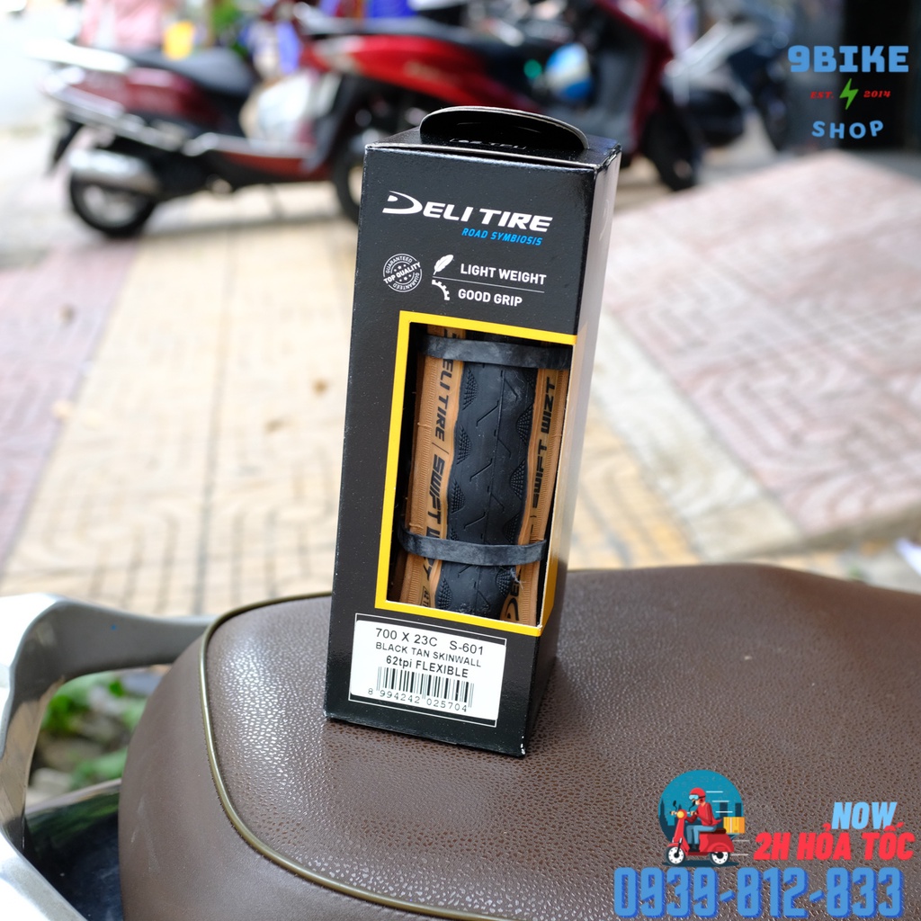 Vỏ xe đạp thể thao đường trường road Deli BlackStan Skinwall 700x23c gấp hông vàng