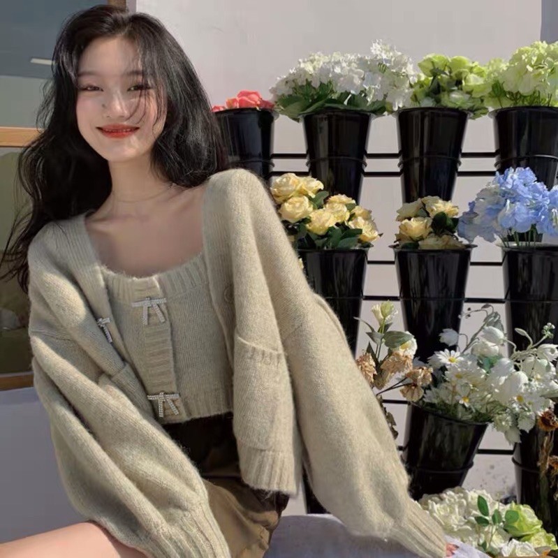Set áo khoác len cardigan croptop tay bồng + áo 2 dây bản to cổ vuông đính nơ đá ZR Ulzzang siêu đẹp ❤️