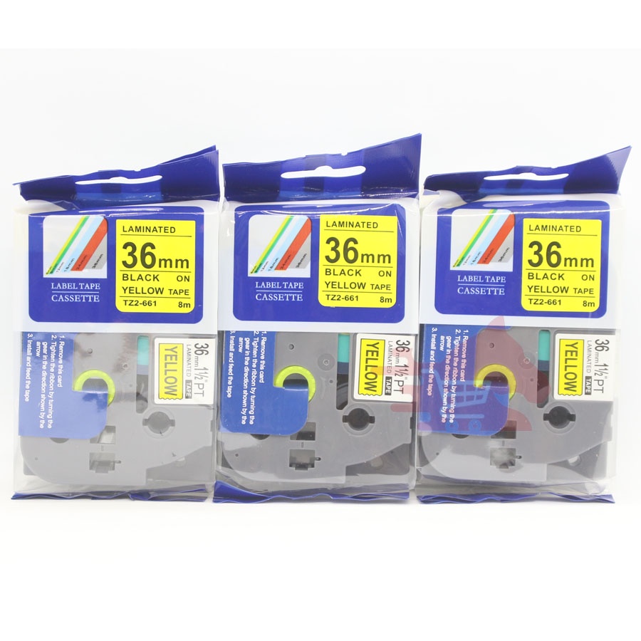 Nhãn in Tz2-661, khổ rộng 36mm* dài 8m, chữ đen nền vàng, chống thấm nước, máy in nhãn Brother, Phu Hoang