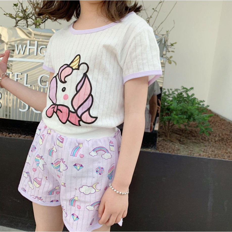 Bộ quần áo tay cộc mùa hè in hoạt hình cute bé trai bé gái phong cách Hàn Quốc , chất liệu thun mát mẻ