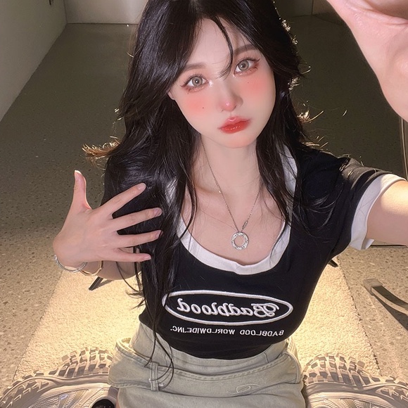 Áo thun dệt kim ZHELIHANGFEI tay ngắn in chữ thời trang cá tính cho nữ