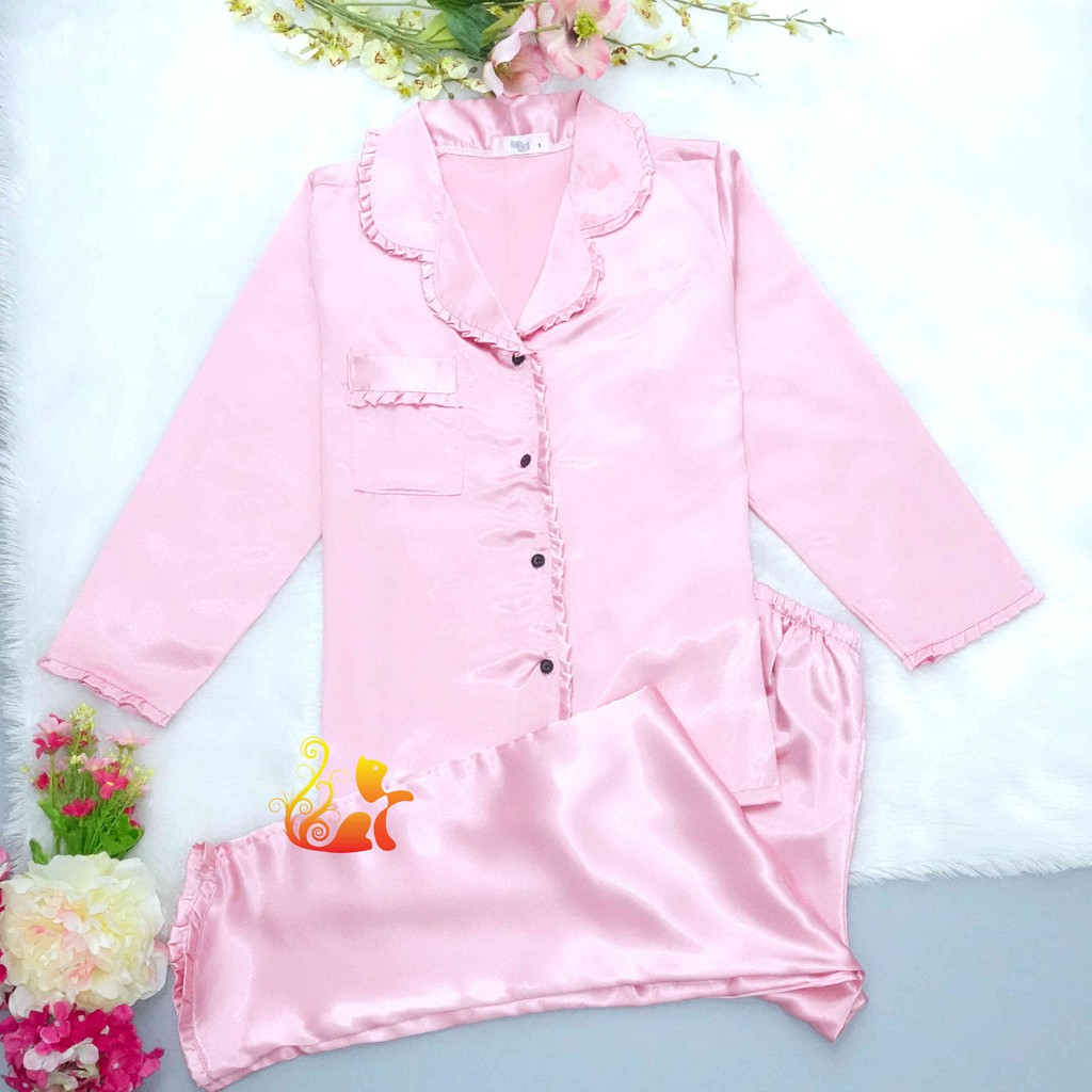 Đồ Bộ Mặc Nhà Pijama Phi Lụa " Viền Bèo " Tay Dài Cao Cấp - Dưới 60kg. | BigBuy360 - bigbuy360.vn
