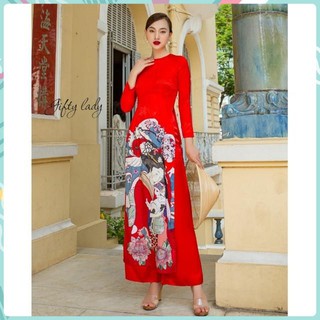 Áo Dài Truyền Thống Nữ Cổ Tròn Vải Gấm - Áo Dài Tết Màu Đỏ In Hoạ Tiết Cô Gái Có Nhiều Size, Đường May Tôn Dáng, Gifty