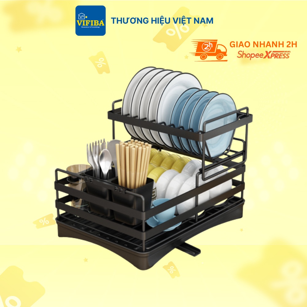 Kệ Úp Chén Đũa Có Vòi Hứng Nước VIFIBA 1 Tầng 2 Tầng 28x30x42,5cm Thép Carbon Chống Gỉ Sơn Tĩnh Điện Màu Đen