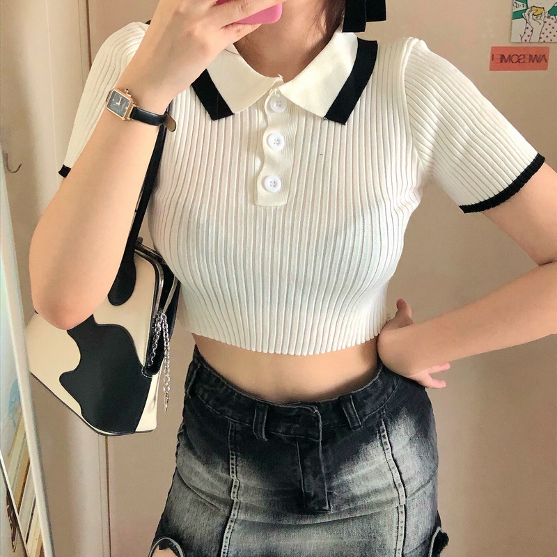 Áo croptop dệt kim tay ngắn cổ polo phối màu sắc đơn giản dễ phối đồ | BigBuy360 - bigbuy360.vn