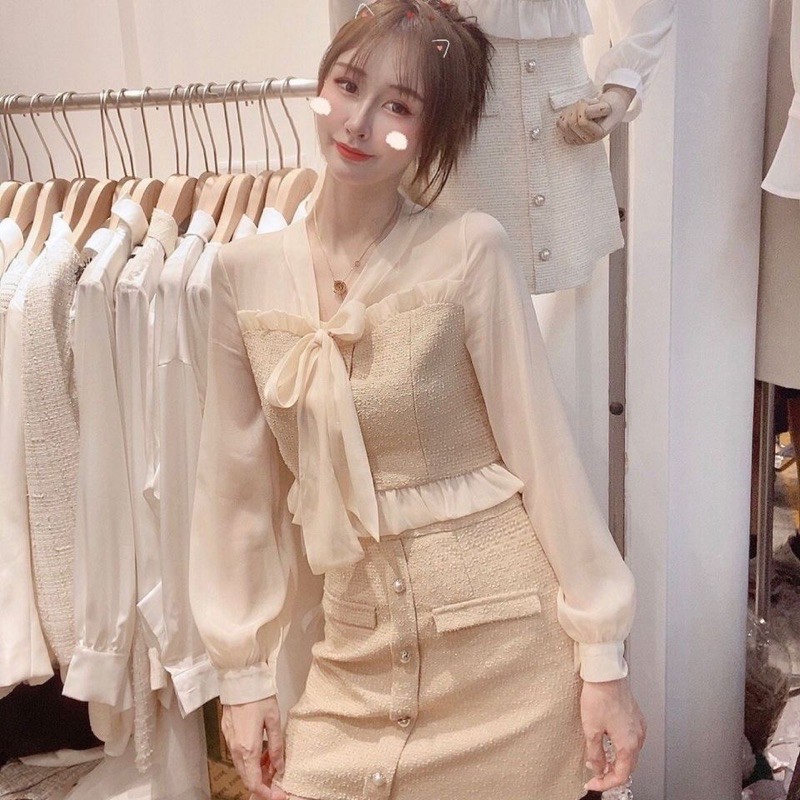 Set áo và váy dạ phối voan thắt nơ trước ngực