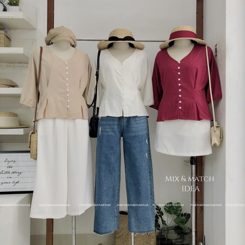 Áo kiểu nữ cổ V hàng nút tay lửng bo chun nhiều màu dễ phối đồ freesize Pumi