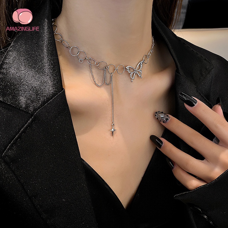 Vòng cổ Ngắn / Vòng cổ Tua Rua Hình Bướm Rỗng Màu Bạc Phong Cách Gothic Hàn Quốc Thích Hợp Dự Tiệc