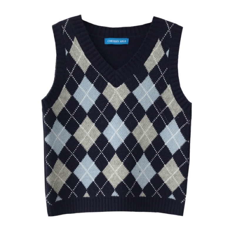 Áo len gile dệt kim dáng lửng croptop hoạ tiết kim cương kẻ ô trám