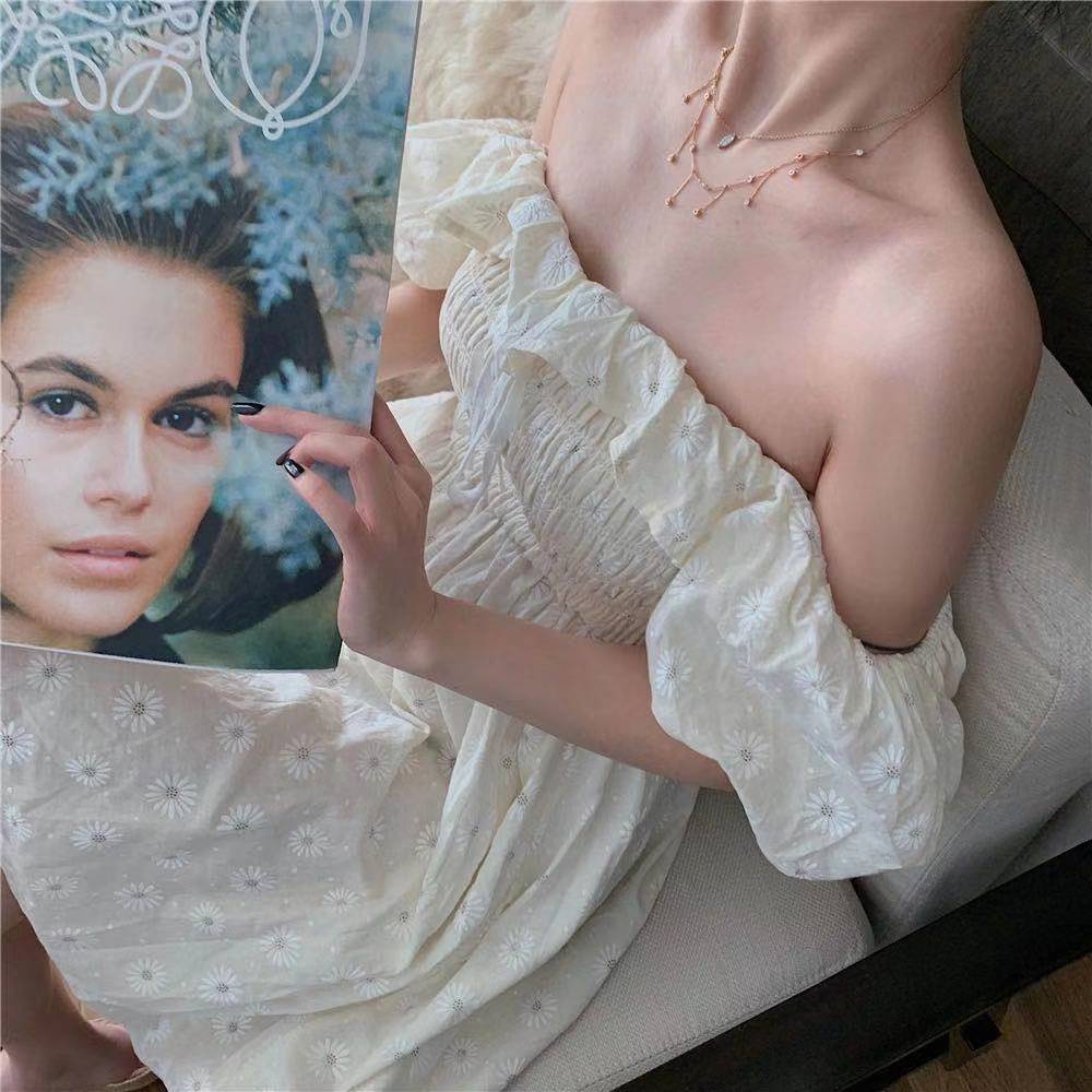 Đầm Tay Phồng Ngắn Cổ Vuông Eo Cao Ngọt Ngào Thời Trang Mùa Hè Mới Cho Nữ