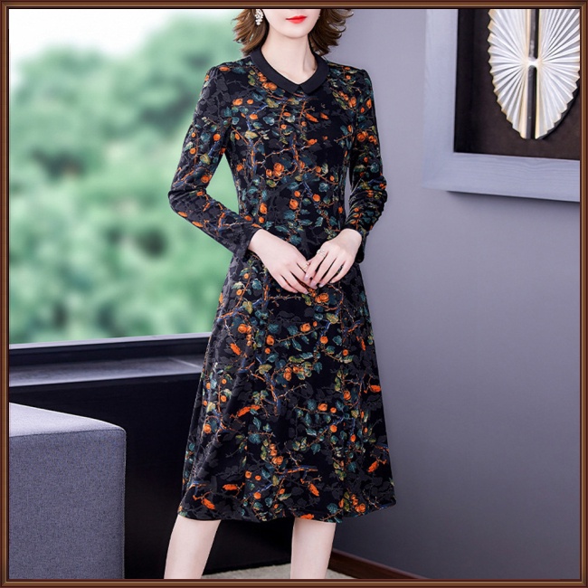 Đầm Chữ A Tay Dài Cổ Chữ V Họa Tiết Hoa Phong Cách Dân Tộc Cổ Điển Dành Cho Nữ