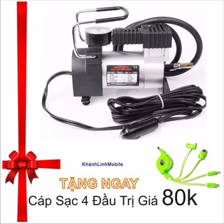 Máy Bơm Lốp xe ô tô nén Khí Mini 12V Lõi Đồng dành cho xe từ 4 đến 16 chỗ DC -12v (đen) + Tặng Cáp Sạc 4 Đầu