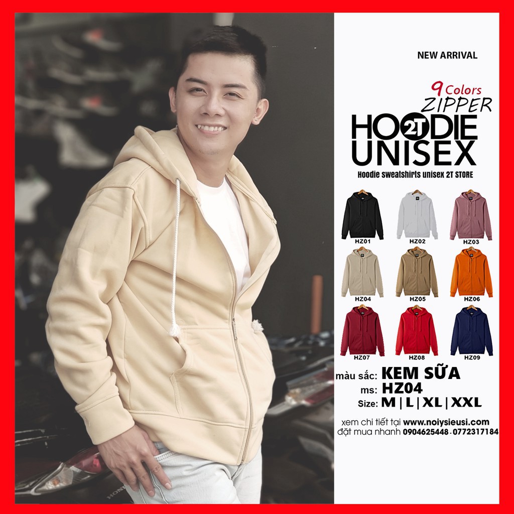 áo hoodie Áo hoodie zipper unisex 2T Store 2 gam màu kem cá tính - Áo khoác nỉ dây kéo nón 2 lớp dày dặn chất lượng đẹp