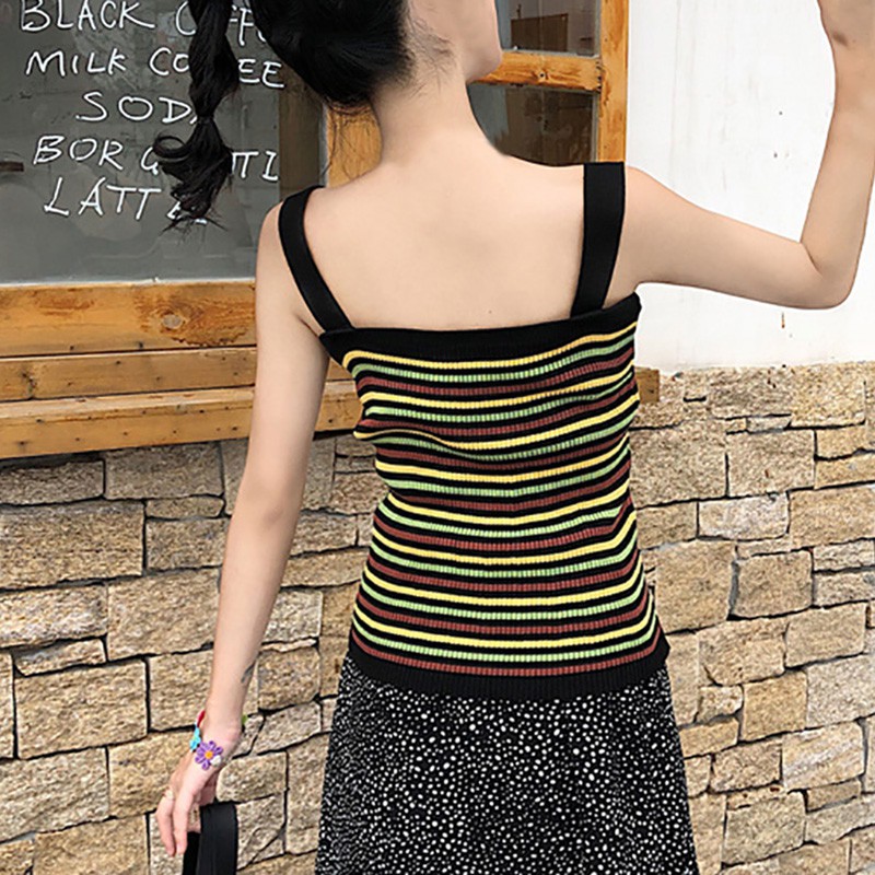 [Baywellfashion]Áo hai dây dệt kim phối họa tiết sọc ngang trẻ trung dành cho nữ | BigBuy360 - bigbuy360.vn