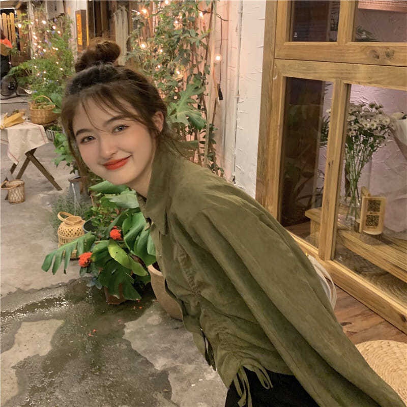 Áo sơ mi IELGY tay dài dáng rộng phối dây rút thời trang cho nữ