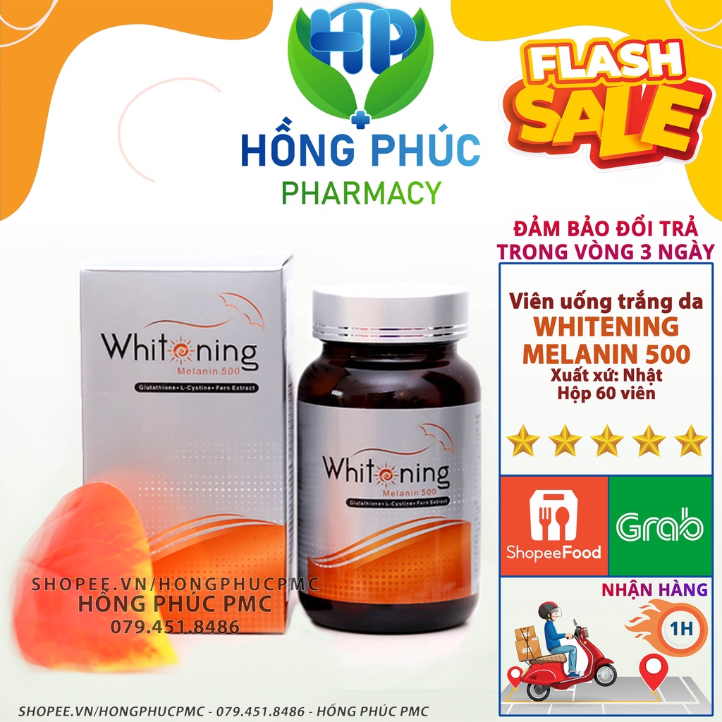 Viên uống trắng da Whitening Melanin 500 60 viên mặt cấp tốc toàn thân hỗ trợ mờ nám dưỡng trắng da body