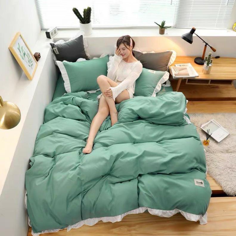 Bộ chăn ga gối cotton tici phối viền bèo xinh xắn, chất cotton thoáng mát không phai màu, không xù, miễn phí bo chun