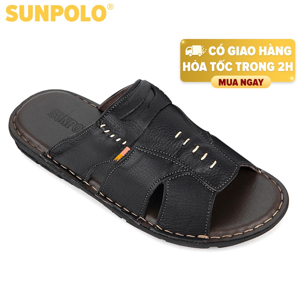 [Mã BMBAU50 giảm 7% đơn 99K] Dép Quai Ngang Nam Da Bò SUNPOLO Đen Nâu - SUA9DN