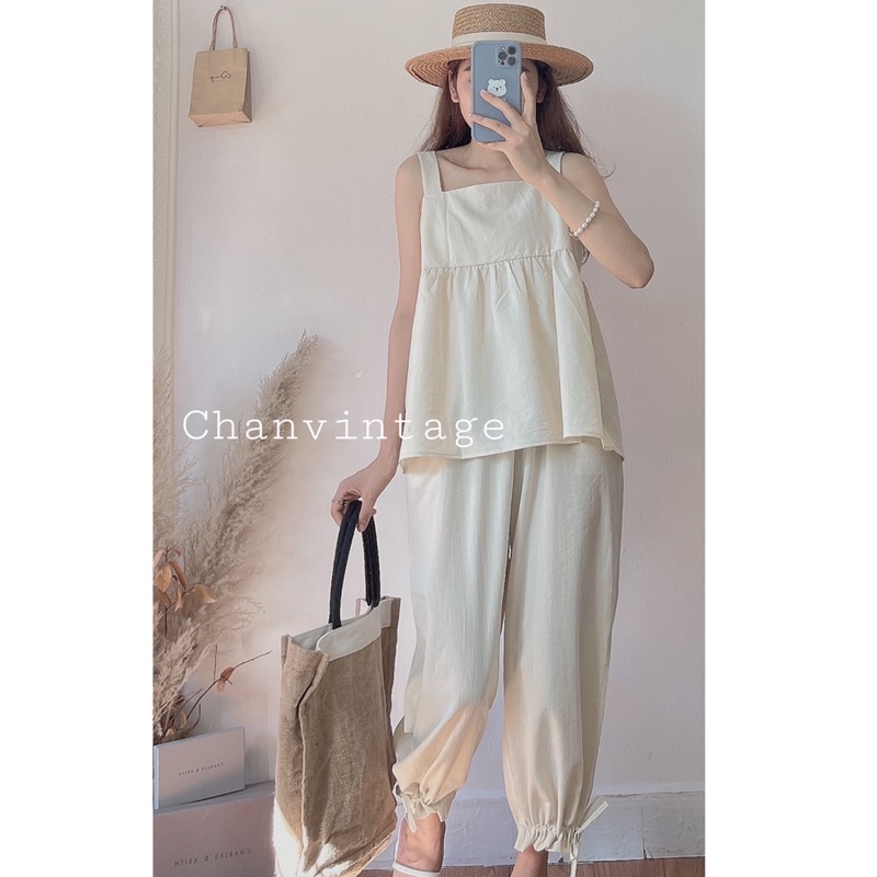 Bộ đồ nữ cổ vuông quần dáng lỡ chất đũi 2 dây vuông | BigBuy360 - bigbuy360.vn