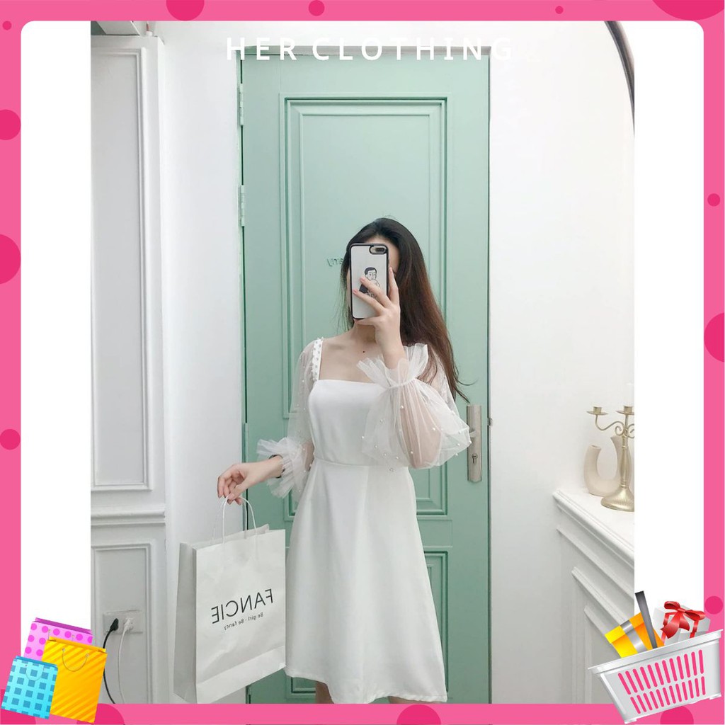 Đầm nữ dự tiệc, dạo phố trắng tay phồng kết hạt siêu dễ thương