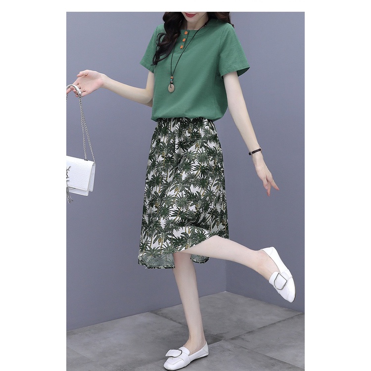Set áo và chân váy tay ngắn nữ hè vải cotton thô hàng nhập