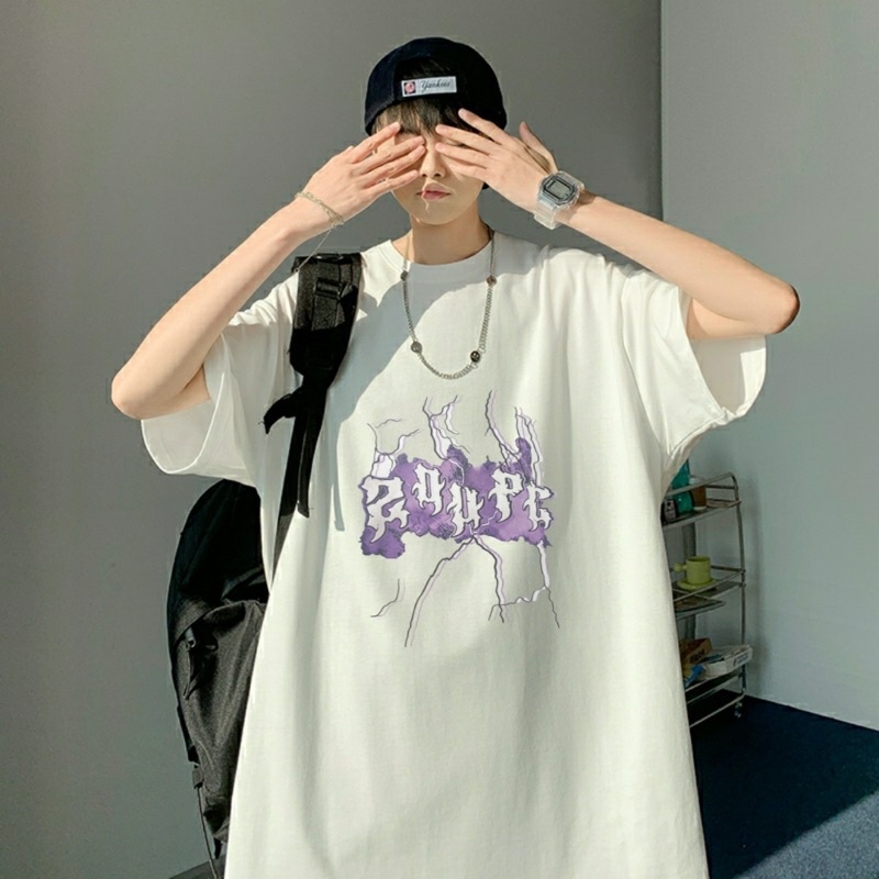 Áo thun tay lỡ nam nữ, áo phông shopcossi form rộng chất cotton in hình sấm sét tím