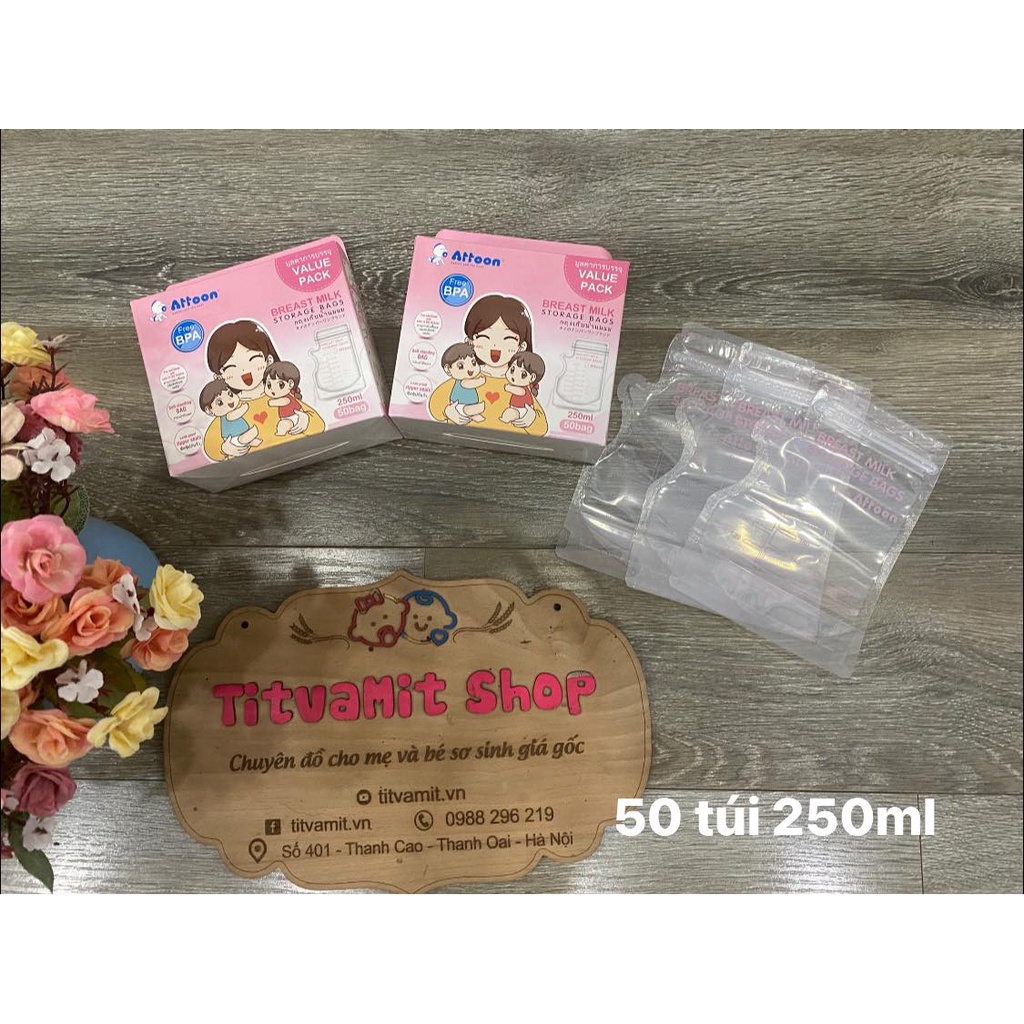 [2 Khoá Zip + Vòi rót] Hộp 50 túi trữ sữa Thái Lan ATTOON  250ml