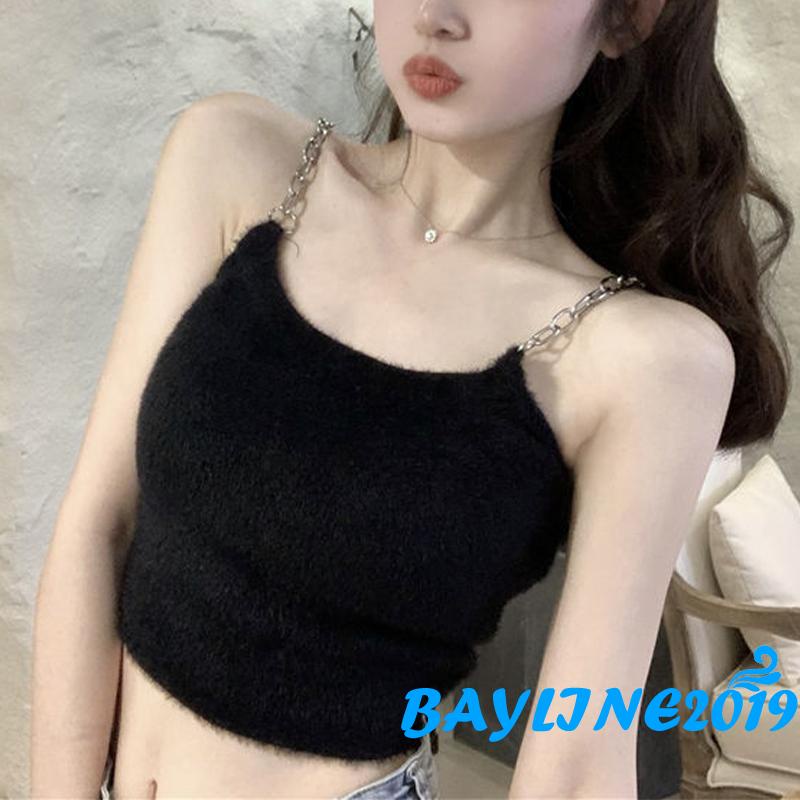 BAY-Áo croptop cổ chữ U màu trơn dây xích kim loại cho nữ