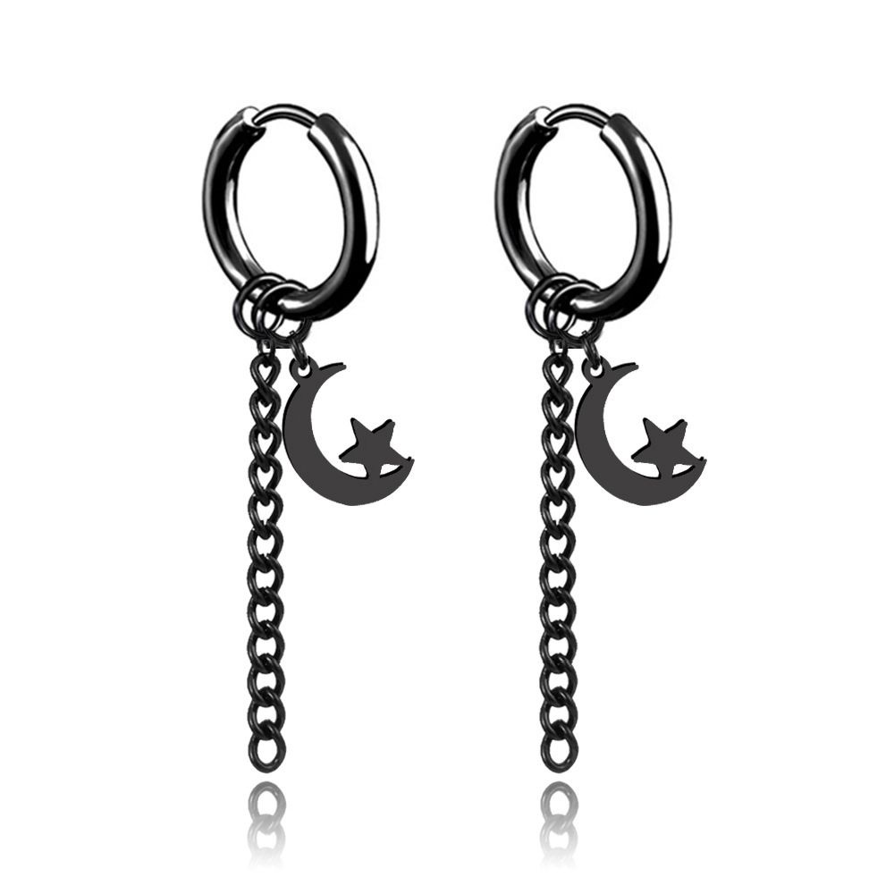 Bông tai dạng khoá/kẹp inox hình ngôi sao mặt trăng/chữ Trung Quốc gắn dây xích dài phong cách Punk
