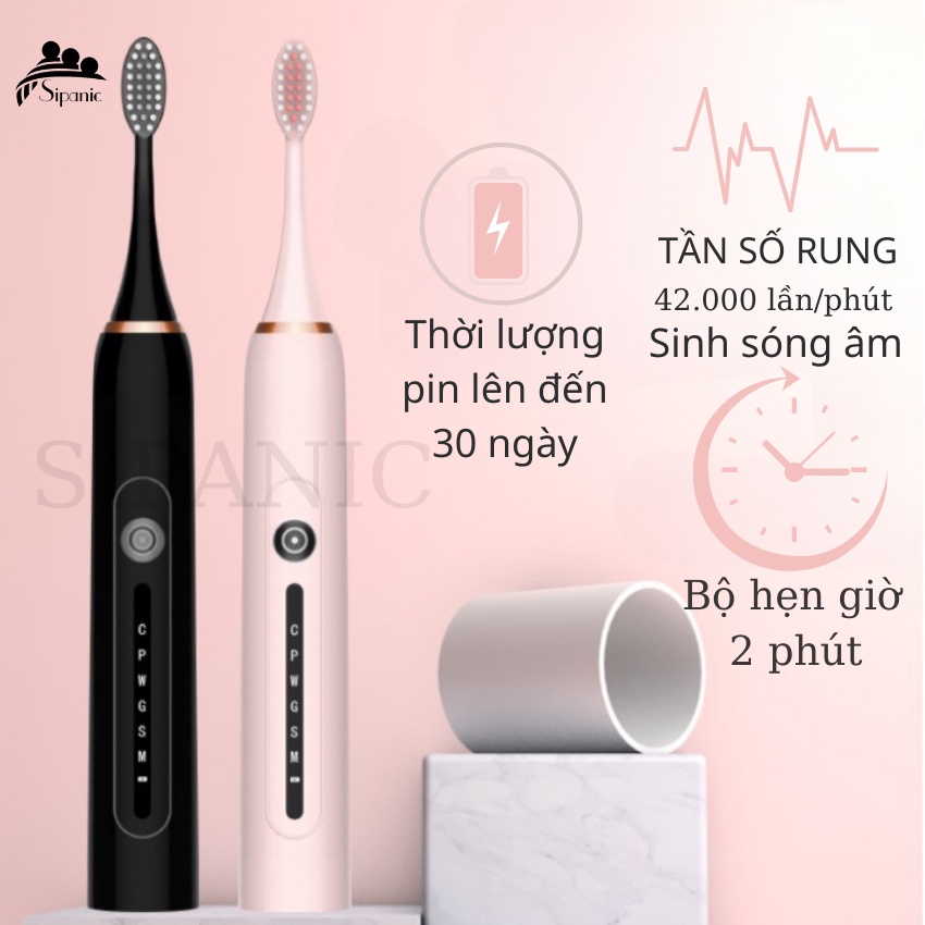 Bàn chải điện, Sipanic X7 Pro đánh răng điện tự động 6 chế độ đầu bàn chải lông mềm ngừa sâu răng