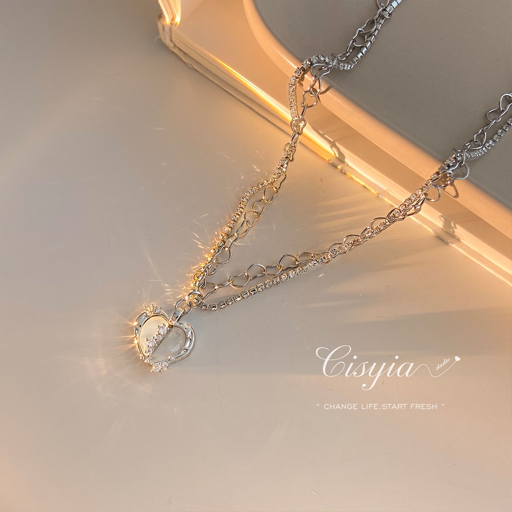 Vòng cổ 17KM hai lớp mạ bạc mặt trái tim đính ngọc trai thời trang