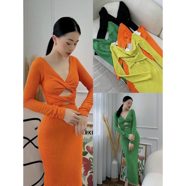 Đầm Xoắn Nơ Ngực Xoắn Eo - Chất Thun Gân - Cổ V Tay Dài Dáng Dài - Form Ôm Body Sexy