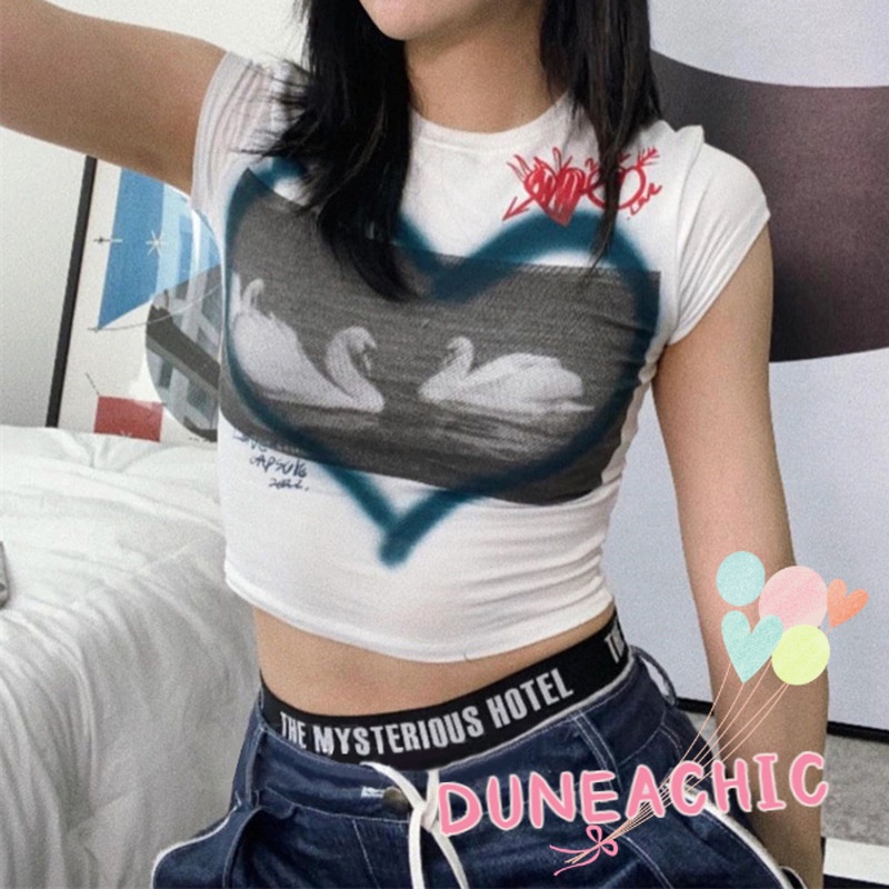 Áo Thun Ngắn Tay Cổ Tròn In Hình Thiên Nga Tương Phản Cá Tính Cho Nữ