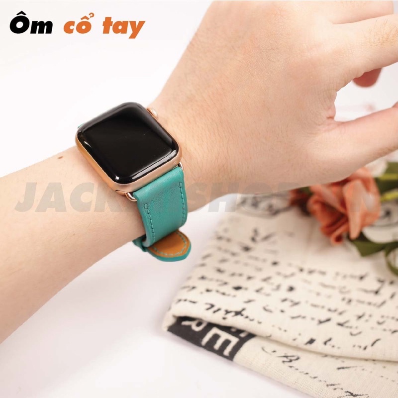 [BẢO HÀNH 1 NĂM] Dây Da BÊ SWIFT may tay thủ công màu Xanh Ngọc khóa Bướm cho Apple Watch series 1/2/3/4/5/6/7