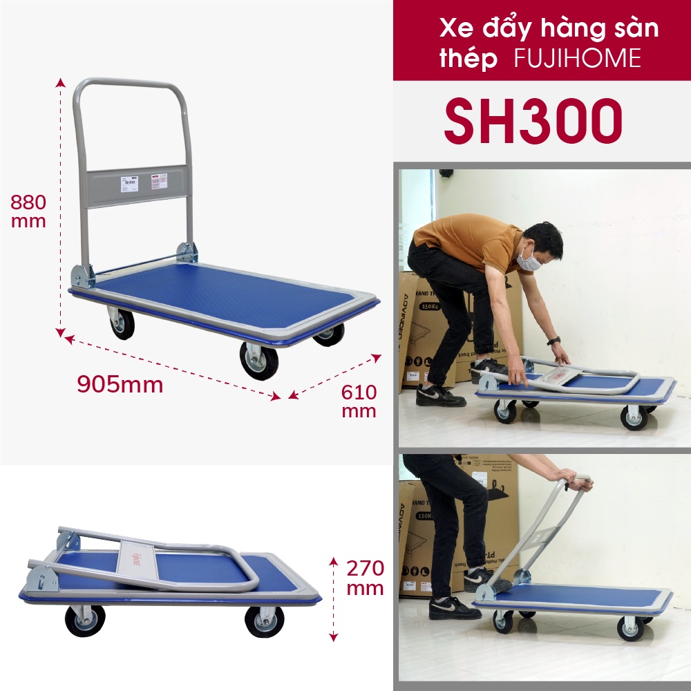 Xe đẩy hàng 4 bánh gấp gọn chở 200kg nhập khẩu Nhật Bản FUJIHOME, bánh xe xe chống ồn, bảo hành 1 năm