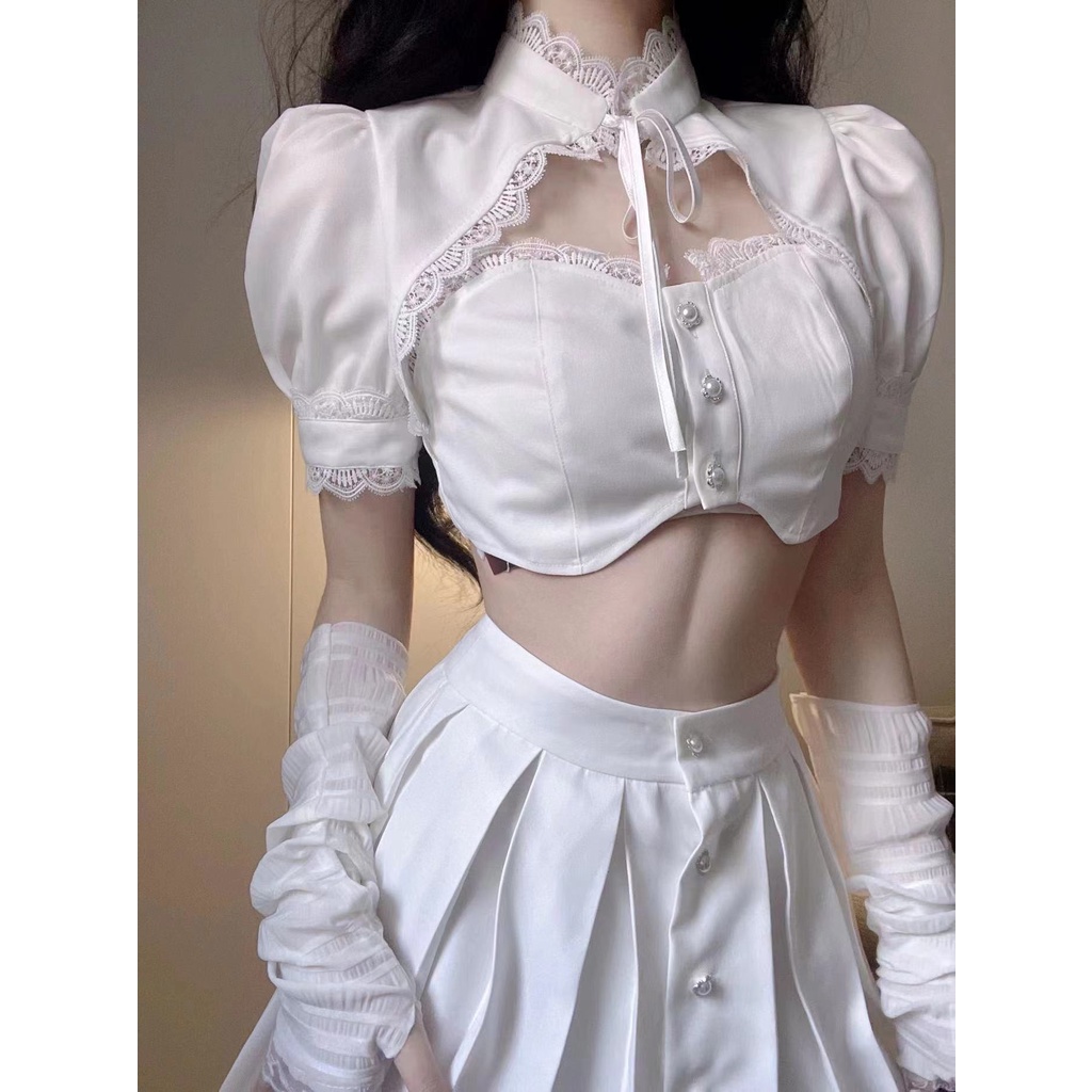 Sẵn size S - Sét váy trắng thiết kế ren sexy tôn dáng ̣