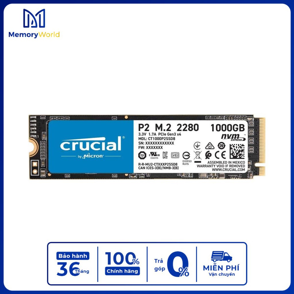 SSD Crucial P2 1TB M.2 NVMe PCIe Gen3x4 Nhập khẩu - YourMemoryWorld