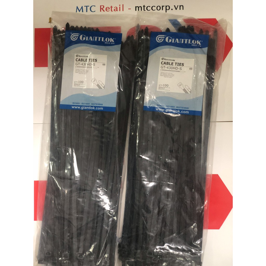 Túi 100 Dây thít, dây rút nhựa màu đen 430×7.6mm cao cấp GT430HDSB nhập khẩu Giantlok-Thái Lan