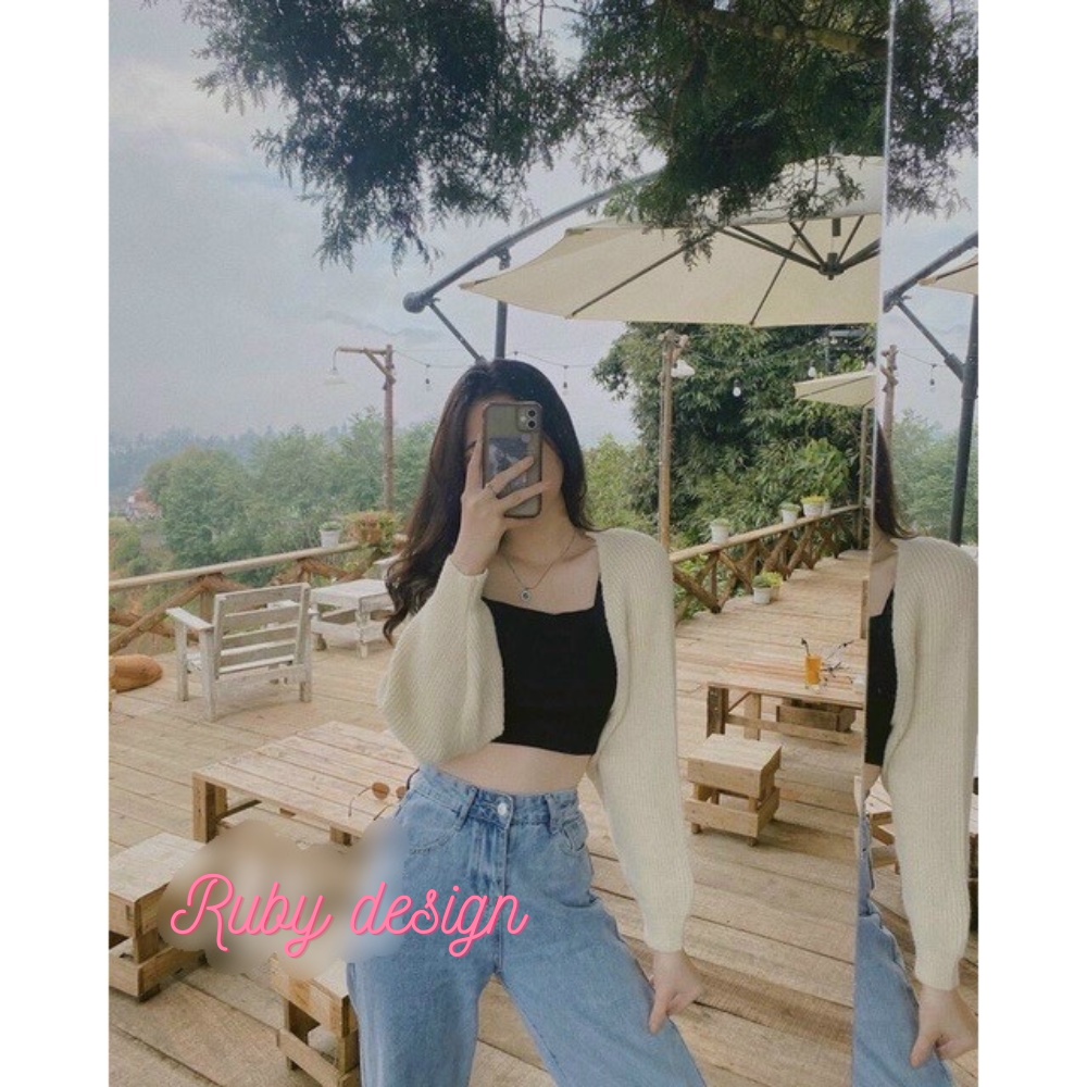 Áo khoác len nữ , áo khoác nữ cardigan dệt kim dáng ngắn cánh rơi sành điệu màu đen kem xám phong cách Hàn quốc
