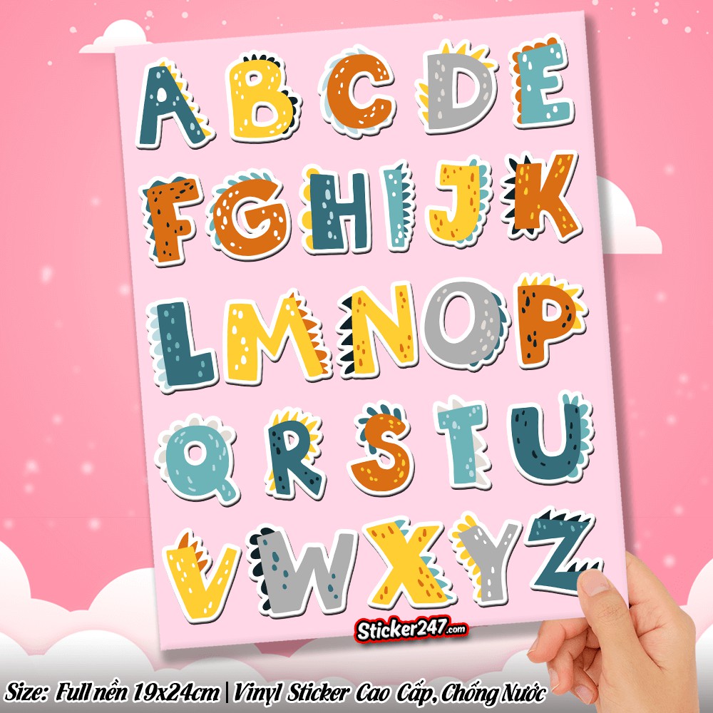 Sticker ABC bảng chữ cái và số thứ tự Khủng Long 🌈Freeship decal hình dán laptop, điện thoại, đàn, mũ bảo hiểm, ipad