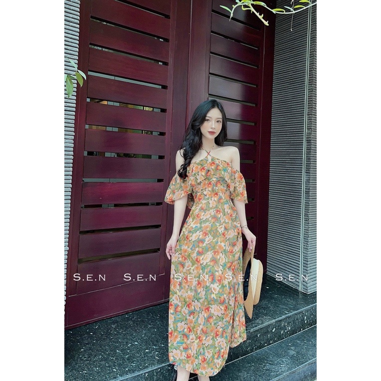 Váy Maxi Hoa Dây Chéo Cổ Bèo Ngực Dáng Dài Điệu Đà Cực Xinh