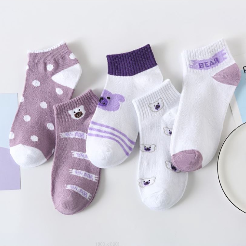 Set 10 Đôi Tất Vớ Nữ Ngắn Cổ Mix Gấu Tím Như Ảnh