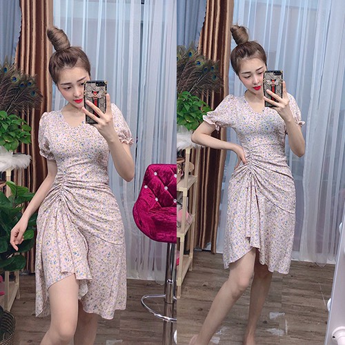 Váy hoa nhí đẹp dễ thương dự tiệc cỏ V tay phồng, đầm hoa nhí dự tiệc có tôn dáng có dây rút 1 bên D092- Anquachi | BigBuy360 - bigbuy360.vn