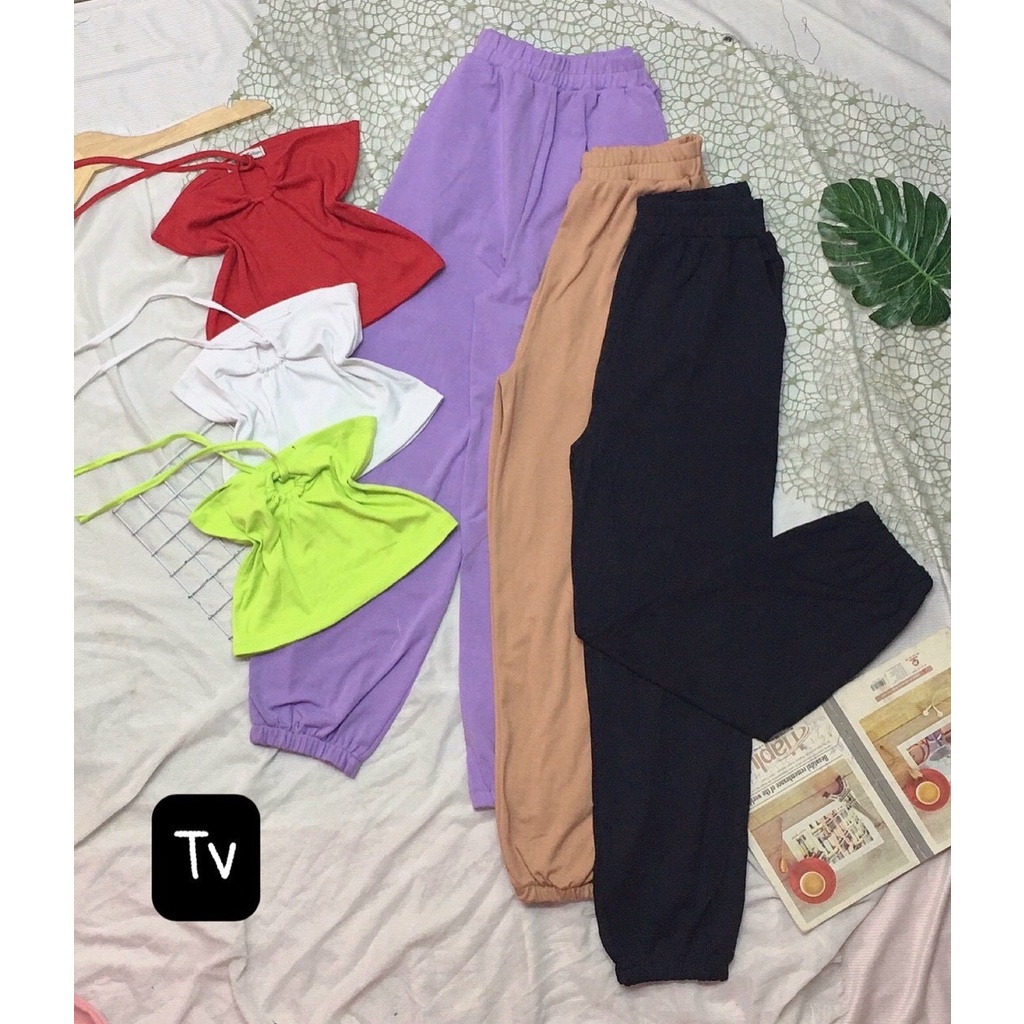 mix set quần jogger trơn bo ống kèm áo ống luồn cổ